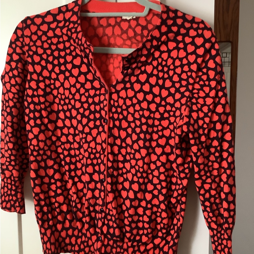 J. Crew Red and Black Heart Pattern Cardigan, 3/4 sleeves